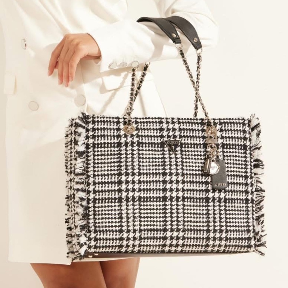 GUESS Black White Houndstooth Print Tote Laptop Bag